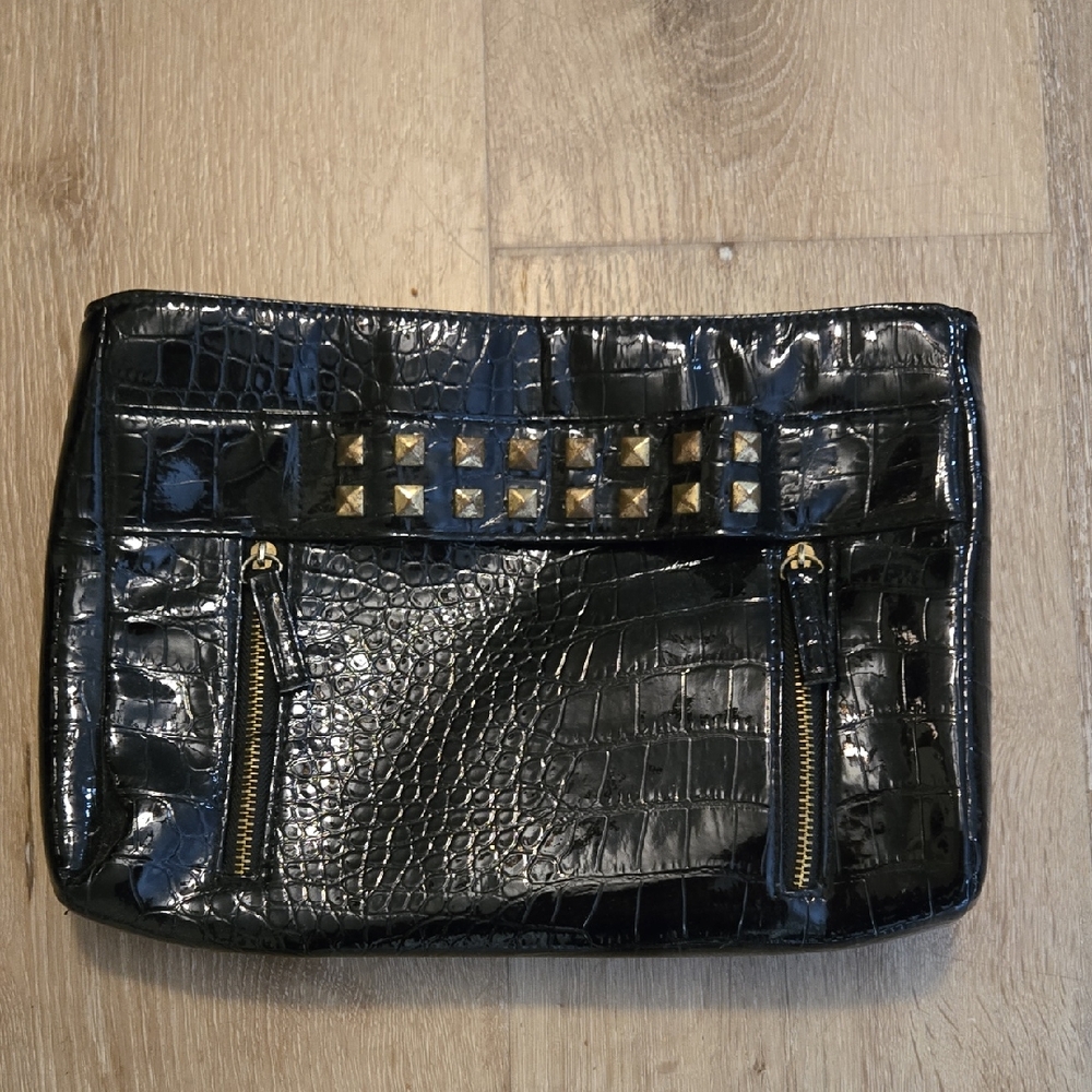 Black Crocodile-Embossed Clutch with Gold Studs